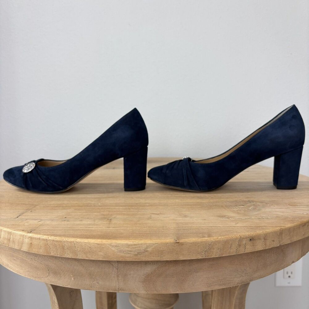 Talbots Navy Suede Leather Pumps Block Heel Size 8.5M Rhinestone Glam Event Chic - Picture 5 of 12